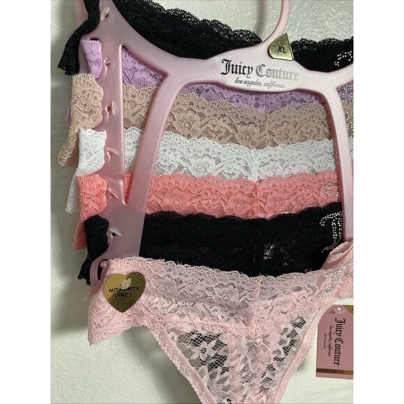 Juicy Couture Floral Lace Thong Size XL Crystal Rhinestone Trim 7 Pack Pink - Picture 3 of 12